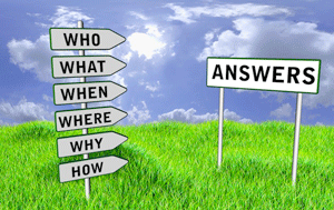 Seales direccionales con las palabras 'who', 'what'. 'when'. 'where'. 'why'. 'how'. 'answers'