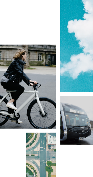 Cuatro fotos: 1. Una mujer en bicicleta 2. El cielo 3. El metro 4. Un cruce de caminos