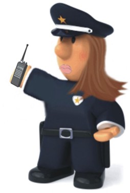 Muñeco disfrazado de policía con un teléfono móvil en la mano