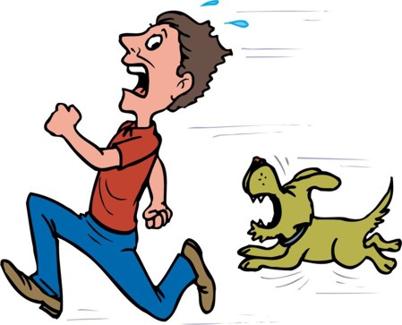 Dibujo de una persona apurada perseguida por un perro