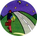 Ilustración de una persona caminando de noche al lado de una carretera