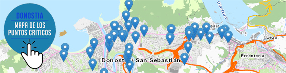 Mapa con los puntos criticos de la ciudad y el texto 'Donostia - Puntu kritikoen mapa'