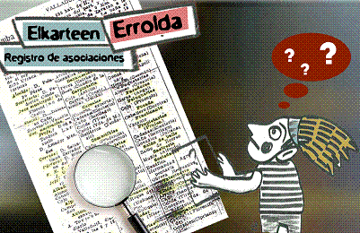 ilustración de un personaje duditativo que lee el título 'Elkarteen', 'Errolda' y 'Registro de asociaciones'