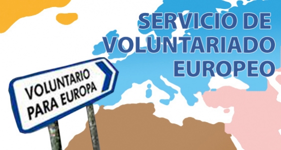 'Servicio de voluntariado europeo' testua europaren siluetaren gainean eta 'voluntariado para Europa' dioen seinalea