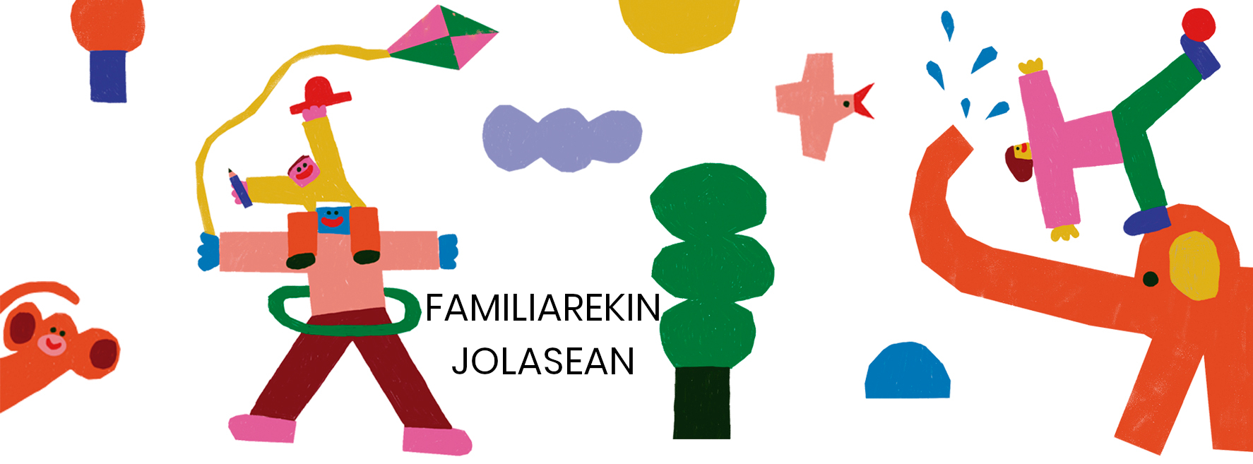 Dibujo infantil con el texto 'Familiarekin jolasean'